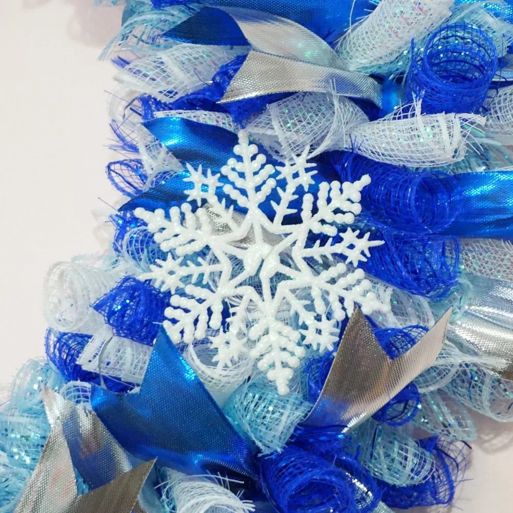 Blue and White Let It Snow Deco Mesh Wreath with Snowflake Accents